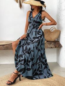 EMERY ROSE Women's V-Neck Sleeveless Dress With All-Over Print And Ruffled Hemline For Summer Maxi Vacation Beach Outfit - Dusty Blue - View 6