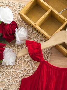 SHEIN 女宝宝可爱红色短袖夏季度假连衣裙 - 紅色 - 查看 3