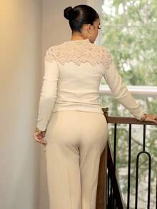 Melissa Matos Áo ren cổ tròn tay dài thanh lịch ôm sát dành cho nữ - Màu be - Xem 2