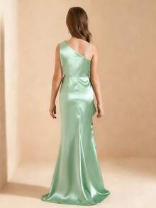 Girls' Solid Color Spaghetti Strap Square Neck Fitted Slit Ruffle Hem Dress, Suitable For Wedding, Prom, Birthday Party, Christmas Event Mint Green - Green - View 3