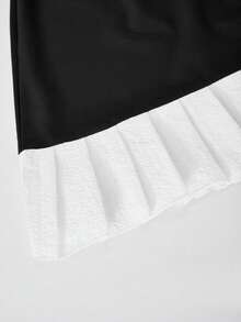 SHEIN This One-Piece Girl's Youth Dress Features A Fashionable And Elegant Style With A Small V-Neck, Puff Sleeves, A Fitted Waist, And A Wide A-Line. - Black and White - View 5