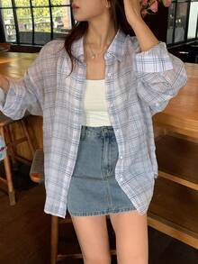 DAZY Women's Plaid Collar Long Sleeve Shirt, Korean Style, Spring/Summer - Baby Blue - View 2