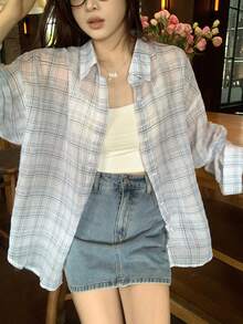 DAZY Women's Plaid Collar Long Sleeve Shirt, Korean Style, Spring/Summer - Baby Blue - View 10