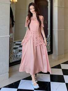 DAZY Women's Elegant Contrast Lace Long Dress, Suitable For Dates In Summer Sundress - Pink - View 6