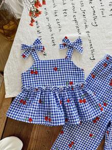 SHEIN 2pcs Baby Girl Woven Plaid Cherry Pattern Camisole And Long Pants Set - Multicolor - View 3