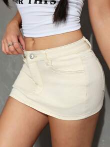 SHEIN EZwear Chân váy mùa hè đơn sắc, ôm eo, kiểu dáng thường ngày, đa năng. - Màu be - Xem 4