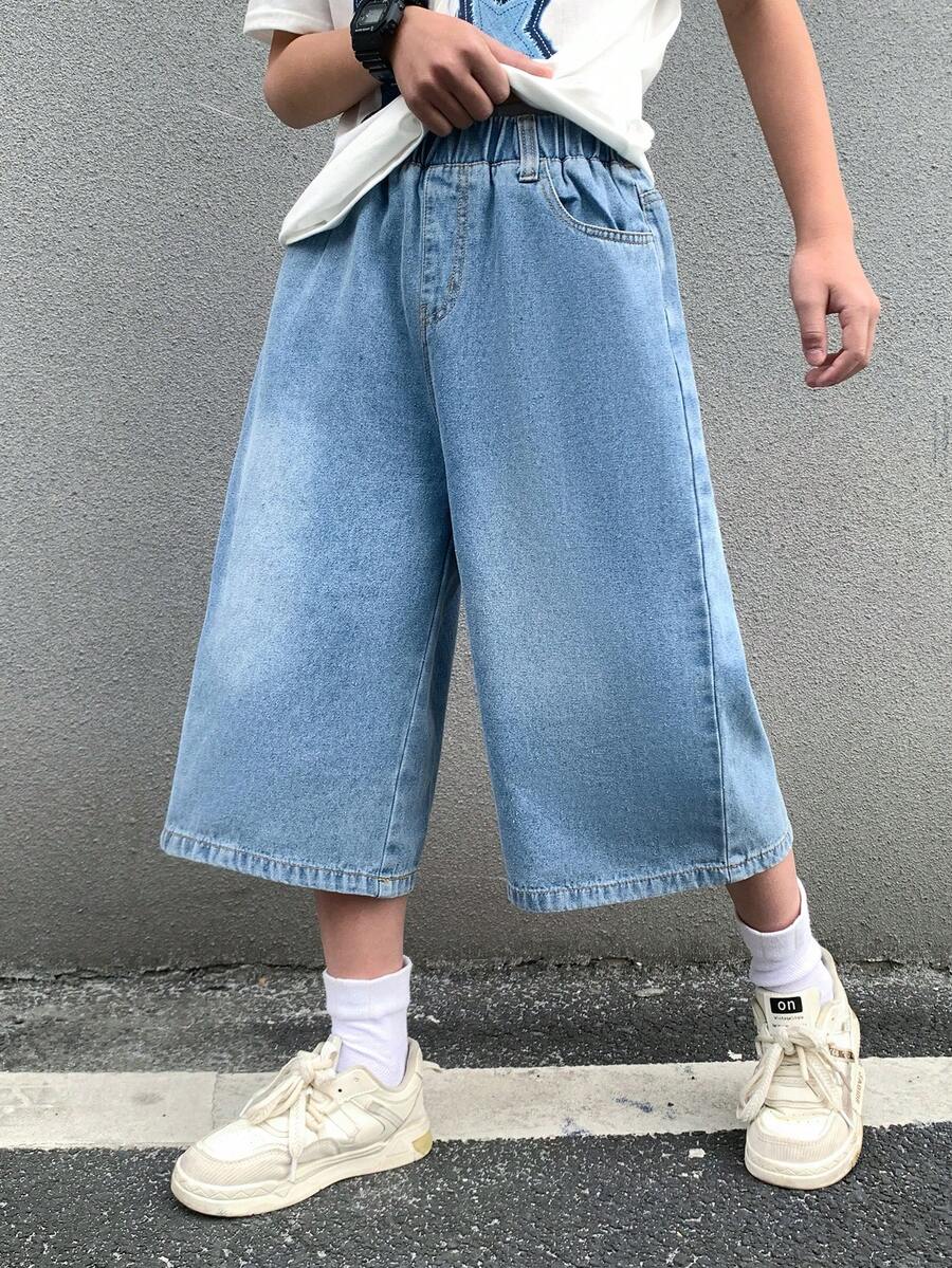 SHEIN Little Byeori 青少年男孩時尚返校街頭風混搭百搭設計復古酷街頭寬鬆舒適清爽藍色牛仔八英吋長度寬腿牛仔褲,適合日常穿著、春夏季派對節慶與街頭穿搭 - 藍色 - 查看 1