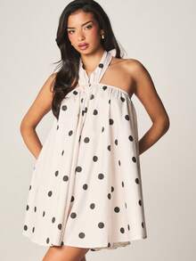 MISSGUIDED Halter Neck Mini Dress With Black Polka Dot Pattern Beach Summer Sleeveless Tie Back A-Line Casual Sundress - Black and White - View 4