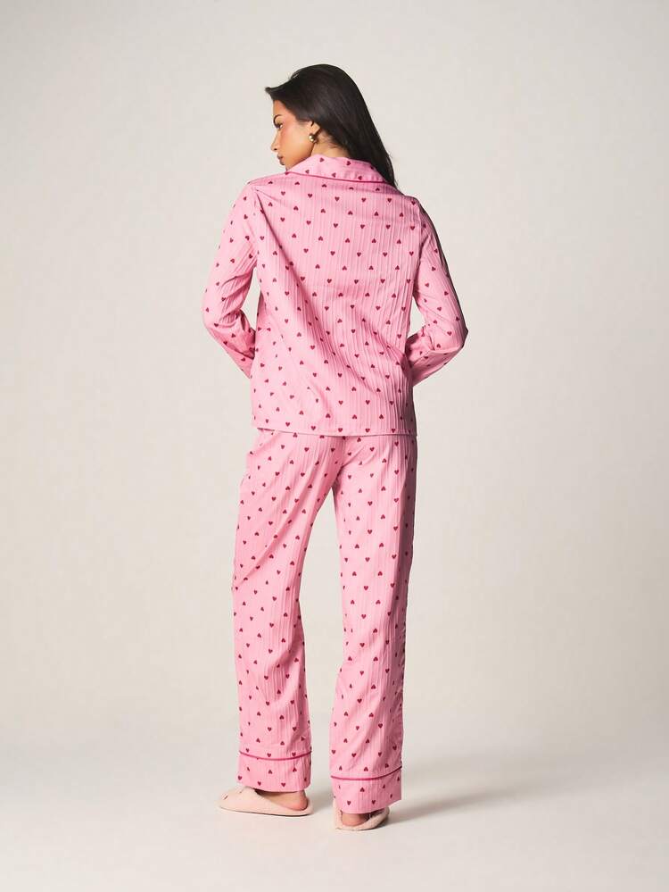 MISSGUIDED Heart Print Button Up Pajama Set Long Sleeve Top With Matching Pants Sleepwear Loungewear Valentine Collection