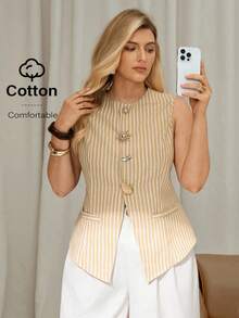 Auralis Plus Size Summer Casual Commuter Striped Front Button Tank Top - Yellow - View 5