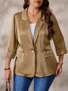 EMERY ROSE Blazer casual/trabalho de manga longa, de uma fileira, com colarinho entalhado, em cor sólida, para mulheres plus size - Caqui - Visão 5