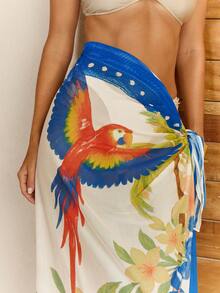 CAJUNI Women's Floral & Parrot Print Twist Design Casual Beach Cover-Up & Skirt Set - Multicolor - View 7