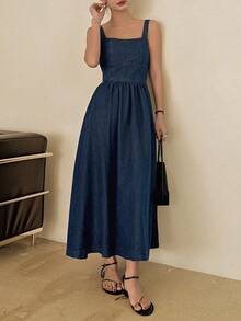DAZY Women's Square Neck Sleeveless Maxi Denim Dress, Vacation Style - Dark Wash - View 6