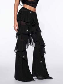 SHEIN ICON Shiny Chiffon Fabric Multi-Layered Ruffle Hem Low Waist Women's Pants - Black - View 4