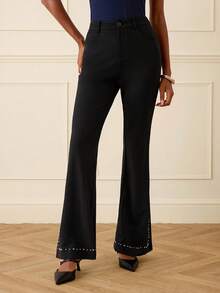 Lilora Women's Elegant Black Flare Pants,Black And Silver Studded Rhinestone Slit Bell Bottoms,High-End Classy Wide Leg Trousers For Autumn Party & Commute - Black - View 5