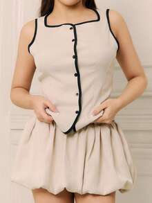 Criza Taa 通勤女士两件套拼色镶边无袖上衣和迷你裙套装夏季女士两件套，女士办公室套装，教师服装，商务休闲女装，商务休闲女装 - 杏色 - 查看 5