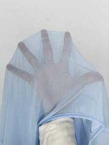 SHEIN ICON ICON 大码女式系带蝴蝶结针织上衣，适合万圣节和派对的薄纱衬衫 - 淺藍色 - 查看 7