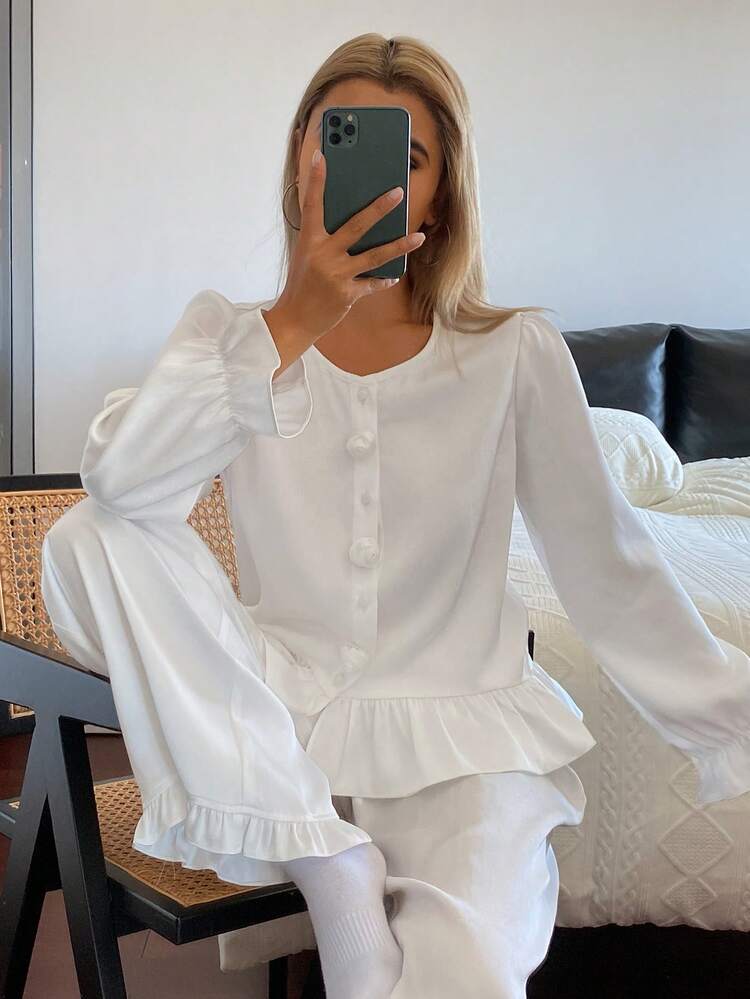 Satin Floral Decor Ruffle Hem Women Pajama Set