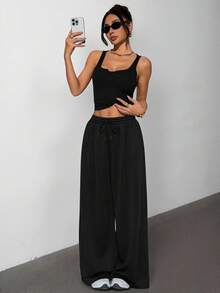 SHEIN PETITE 女士夏季演唱会服装街头风Y2K休闲日常运动装辣妹风V领束身衣弹力背心和宽松低腰裤两件套 - 黑色 - 查看 6