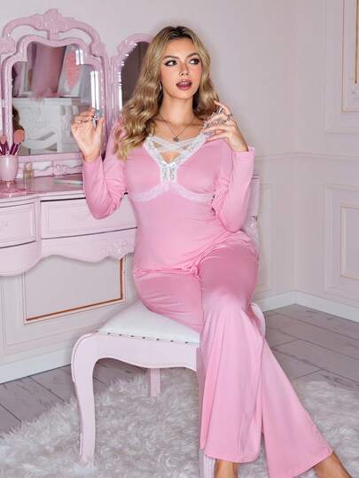 蕾丝拼接甜美端庄修身长袖女士睡衣套装
