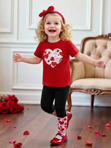 Baby Mädchen Sommer Set aus rotem T-Shirt mit süßem Herzmuster und Skinny Leggings, geeignet für Ausflüge, Freizeitbekleidung und Partys - Verschiedenfarbig - Übersicht 2