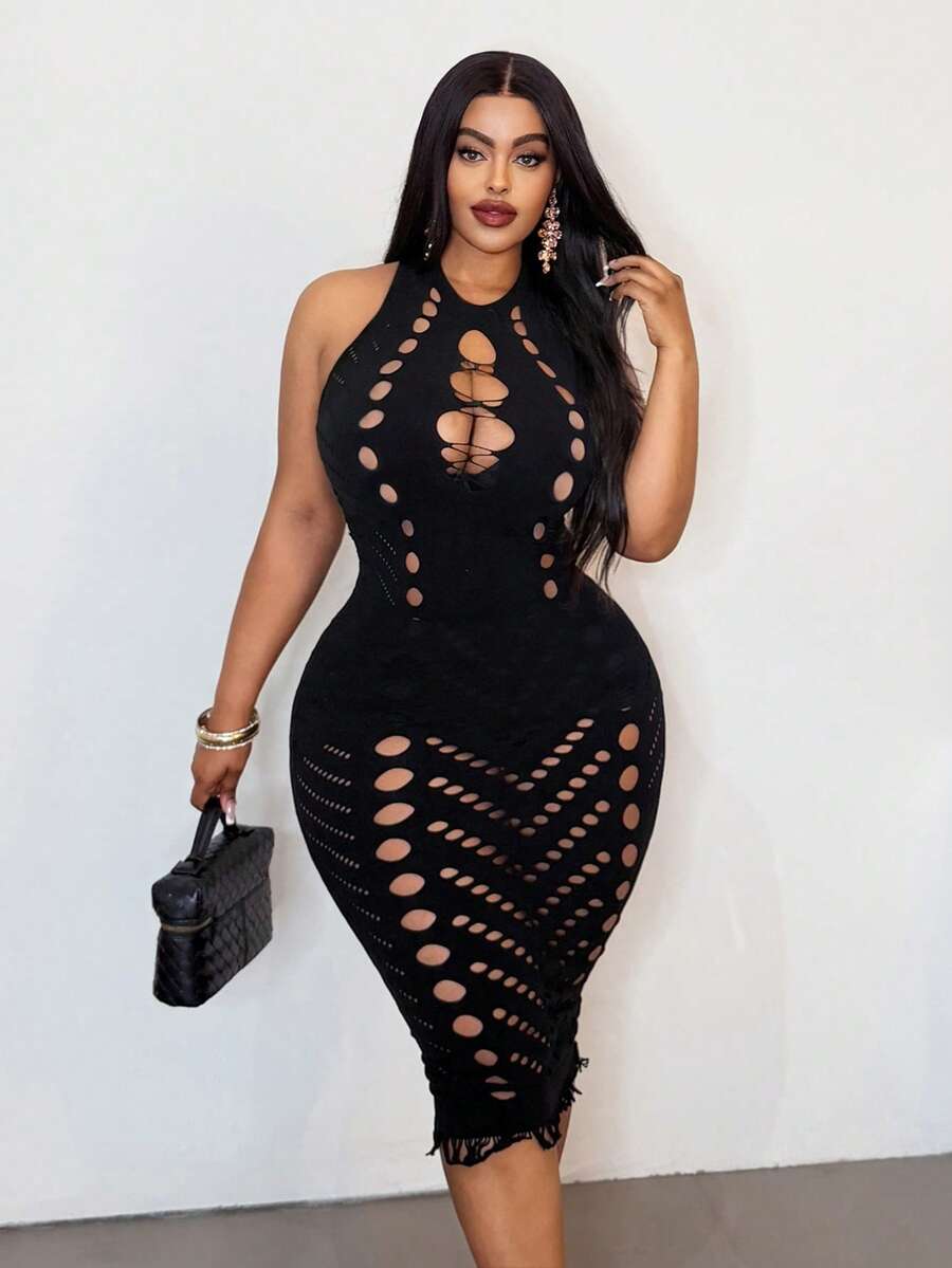 Maweii Plus Size Women Sexy Solid Color Hollow Backless Halter Dress - Black - View 1