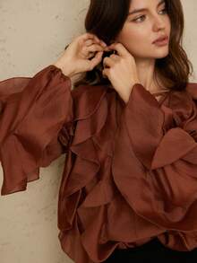Aveloria Rosie French Atmosphere V-Neck Tie Multilayer Ruffle Trim Lantern Sleeve Long Sleeve Blouse - Brown - View 3