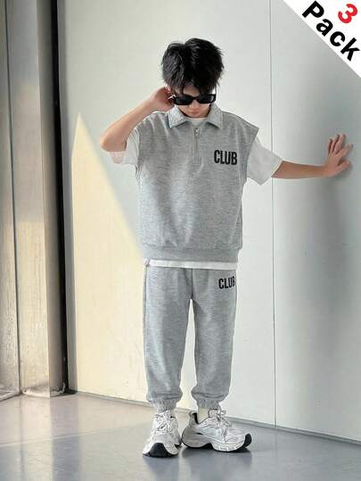 SHEIN Little Byeori 买二送一，3件套休闲学院风舒适时尚百搭软领半拉链背心和松紧腰裤套装，另赠送T恤，多件装，适合秋、春、夏三季穿着，是日常穿着、户外活动、上学、街头风、聚会和休闲活动的理想之选。