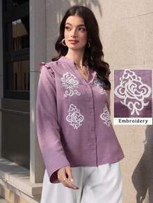 Seusyu 女士紫色时尚简约宽松V领刺绣长袖衬衫 - 紫色 - 查看 5