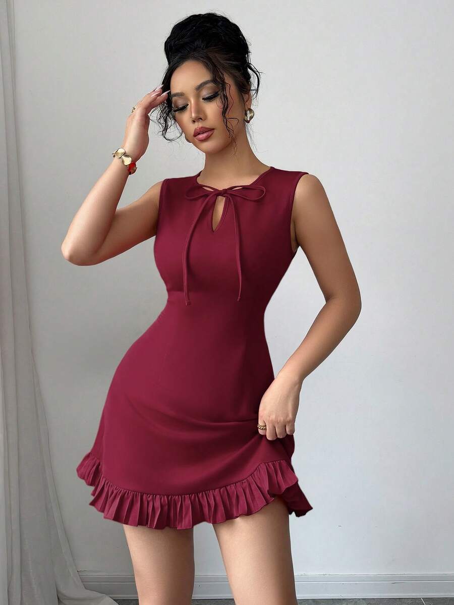 Elenzga New Arrival Women's Round Neck Bow Tie Design Open Slit Sleeveless Fitted Hem Contrast Color Pleated Elegant Versatile Commute Date Party Mini Dress - Burgundy - View 1