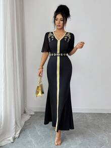 Selianne Elegant Vacation Embroidered Chiffon Ruffle Sleeve Fishtail Hem Dress For Women - Black - View 4