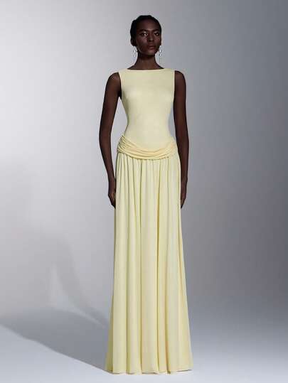 Elitara 优雅浪漫时尚的浅黄色弹力网纱面料船领无袖褶裥装饰A字型优雅派对礼服、婚礼宾客礼服、绿色礼服、时尚优雅伴娘礼服