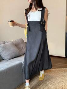 DAZY 女士复古无袖牛仔背带裙，设计细节让您看起来更年轻更苗条，中长款连身裙 - 黑色 - 查看 5