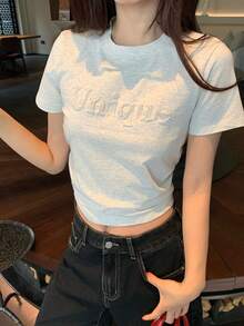 DAZY Women's Round Neck Steel Stamped Casual Short Sleeve T-Shirt - Grey - View 9