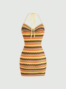 Sweetra Women's Colorful Jacquard Camisole Mini Dress, Minimalist Sexy Vacation Style, Summer - Multicolor - View 2