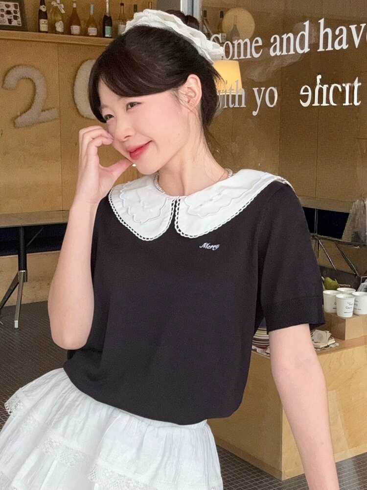 Women's Contrast Color Peter Pan Collar Letter Embroidery Fashionable Knit Top