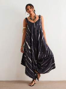 Freevana Bohemian Black Line Floral Print V-Neck Maxi Jumpsuit, Loose Wide Leg Vacation Style Romper, Slimming Drape Casual Jumpsuit, Summer - Black - View 1