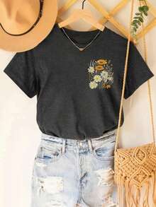 DrmWander Kỳ nghỉ, Mùa xuân, Trang phục nghỉ dưỡng cho nữ, Áo hoa mùa xuân cho nữ, Áo tay ngắn dễ thương, Áo thun in hình cổ điển, Áo phông cổ điển, Áo hoa cho nữ. - Màu xám đen - Xem 2