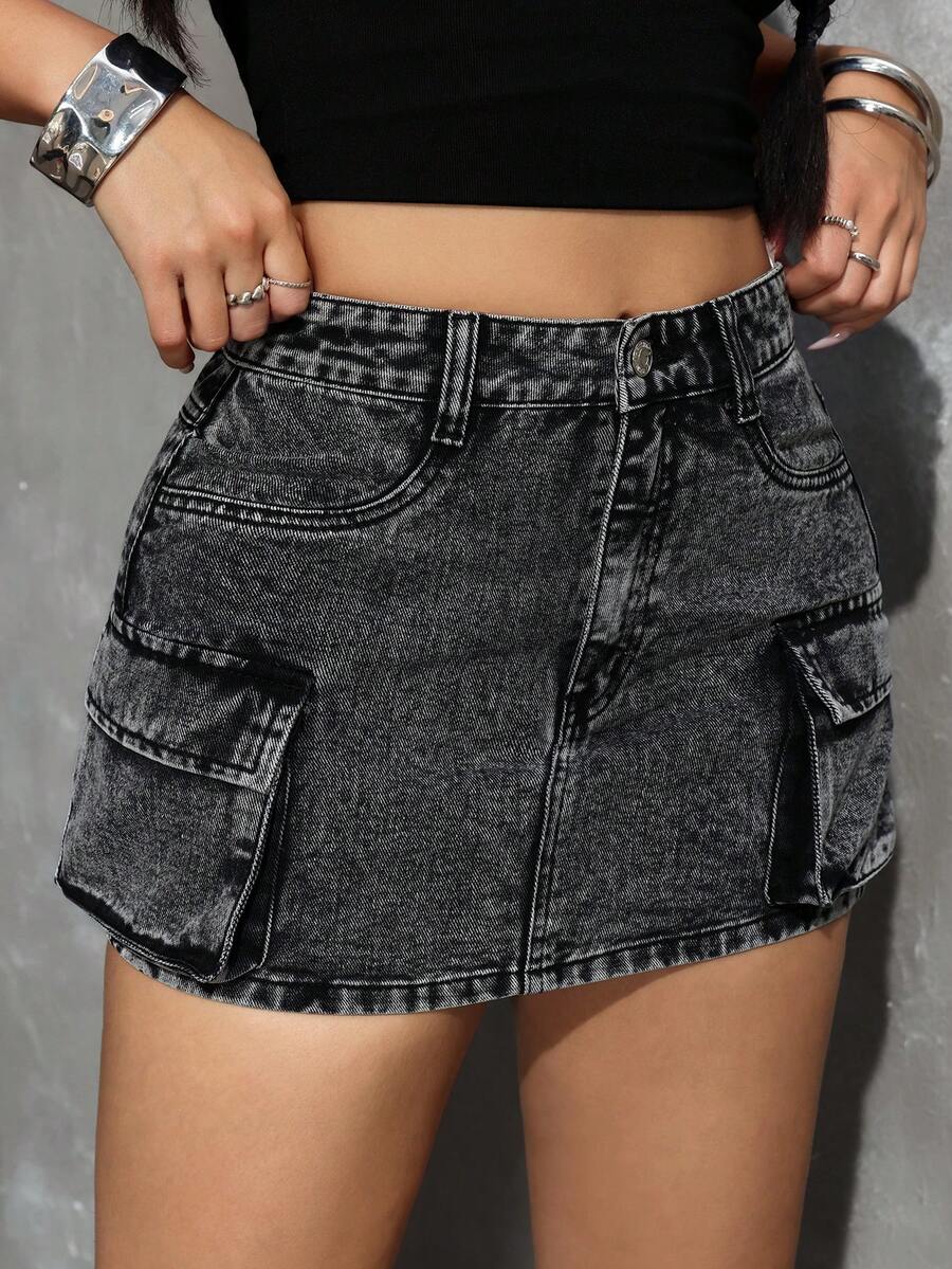 SHEIN PETITE Chân váy mini ôm sát gợi cảm nhiều túi bằng vải denim, thích hợp cho mùa hè. - Xám - Xem 1