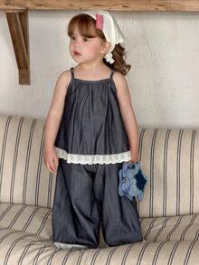 DAZY 2pcs/Set Toddler Girls' Washed Korean Style Lace Camisole & Loose Casual Jeans Pants - Blue - View 1