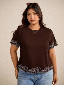 Elaquor Plus Size Round Neck Short Sleeve Casual Loose Summer Versatile T-Shirt - Brown - View 2
