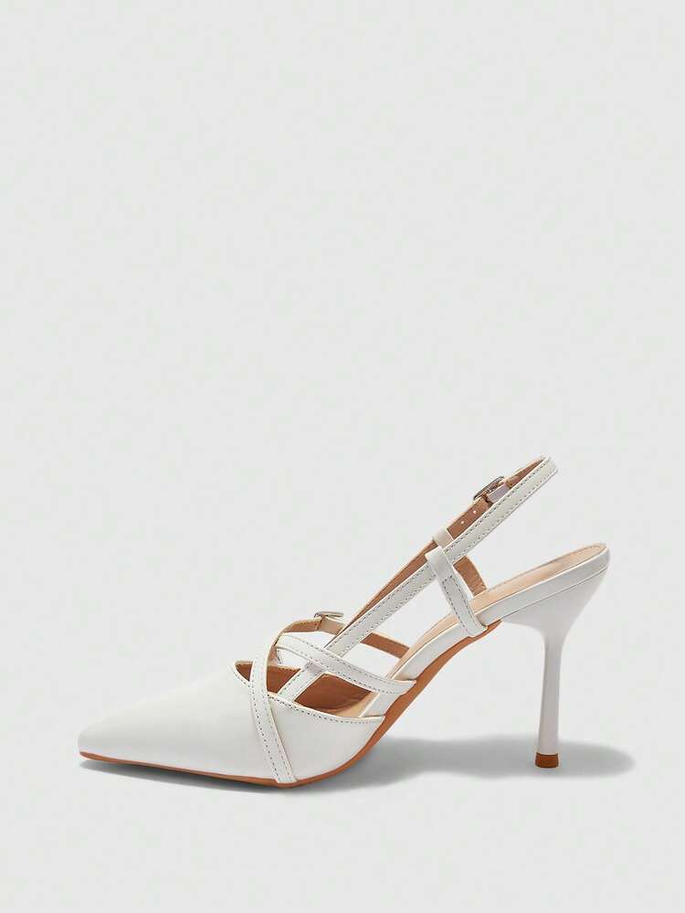 CUCCOO BIZCHIC White Minimalist Design French Pointed Toe High Heels, French Elegance + Mature Sexy Style, Glossy Material, Criss-Cross Strap + Metal Buckle Decor, Suitable For Women, Daily Commute, Dating, Light Workplace Occasions