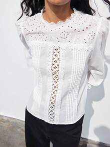 Maija 女士纯色镂空刺绣长袖休闲衬衫，适合夏季度假、春假、春季、海滩、生日、外出等场合，优雅时尚，白色上衣，适合夏季外出、毕业典礼等场合。 - 白色 - 查看 2