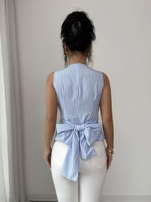 Rafferiza Top sin mangas elegante y de moda con escote en V, lazo y espalda descubierta para mujer, primavera/verano - Azul y blanco - Ver 2