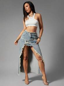 Denimoi Stacked Waist High Slit Denim Skirt Frayed Hem Skirt Fashionable Streetwear Sexy Skirts - Light Wash - View 1