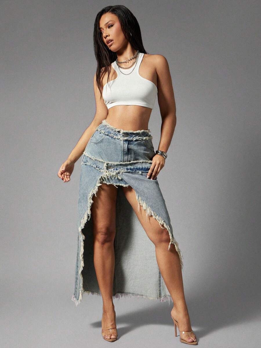 Denimoi Stacked Waist High Slit Denim Skirt Frayed Hem Skirt Fashionable Streetwear Sexy Skirts - Light Wash - View 1