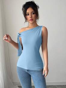 SHEIN PETITE 女士纯色不对称领口扭结系带优雅修身T恤 - 淺藍色 - 查看 3