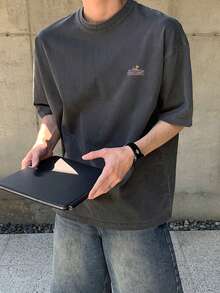 DAZY Men's Grey Letter Print Crew Neck T-Shirt, Summer - Grey - View 7