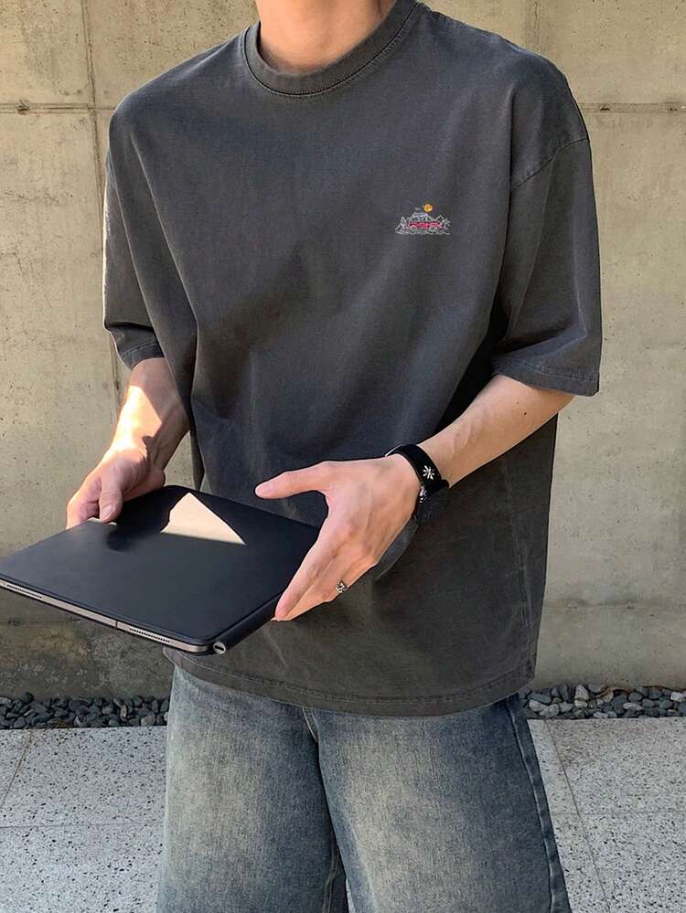 Men's Grey Letter Print Crew Neck T-Shirt, Summer