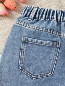 SHEIN Tween Girls' Light Blue Distressed Frayed Elastic Waist Simple Casual Washed Denim Shorts - Baby Blue - View 6